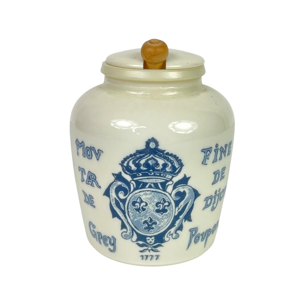 Vintage French Grey Poupon White & Blue Glass Mustard Jar Made In France